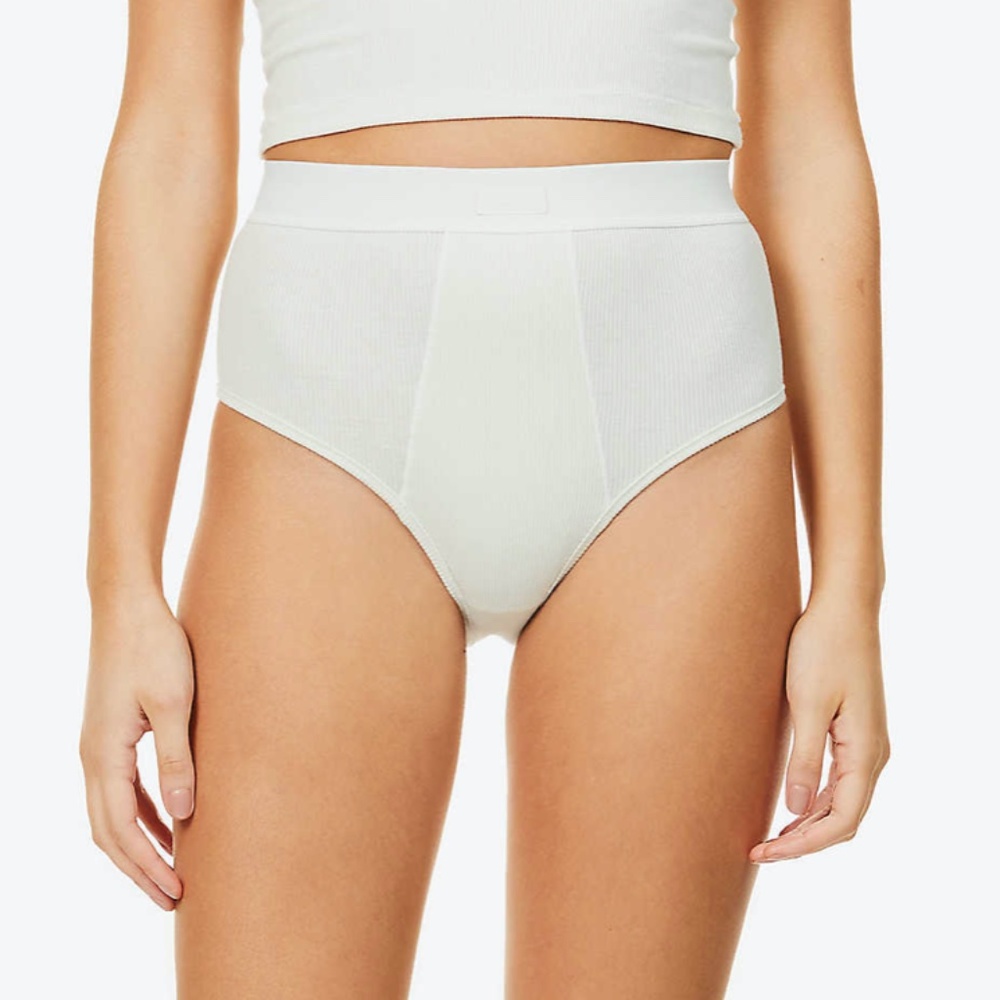 SKIMS High-rise ribbed stretch-cotton briefs in bone